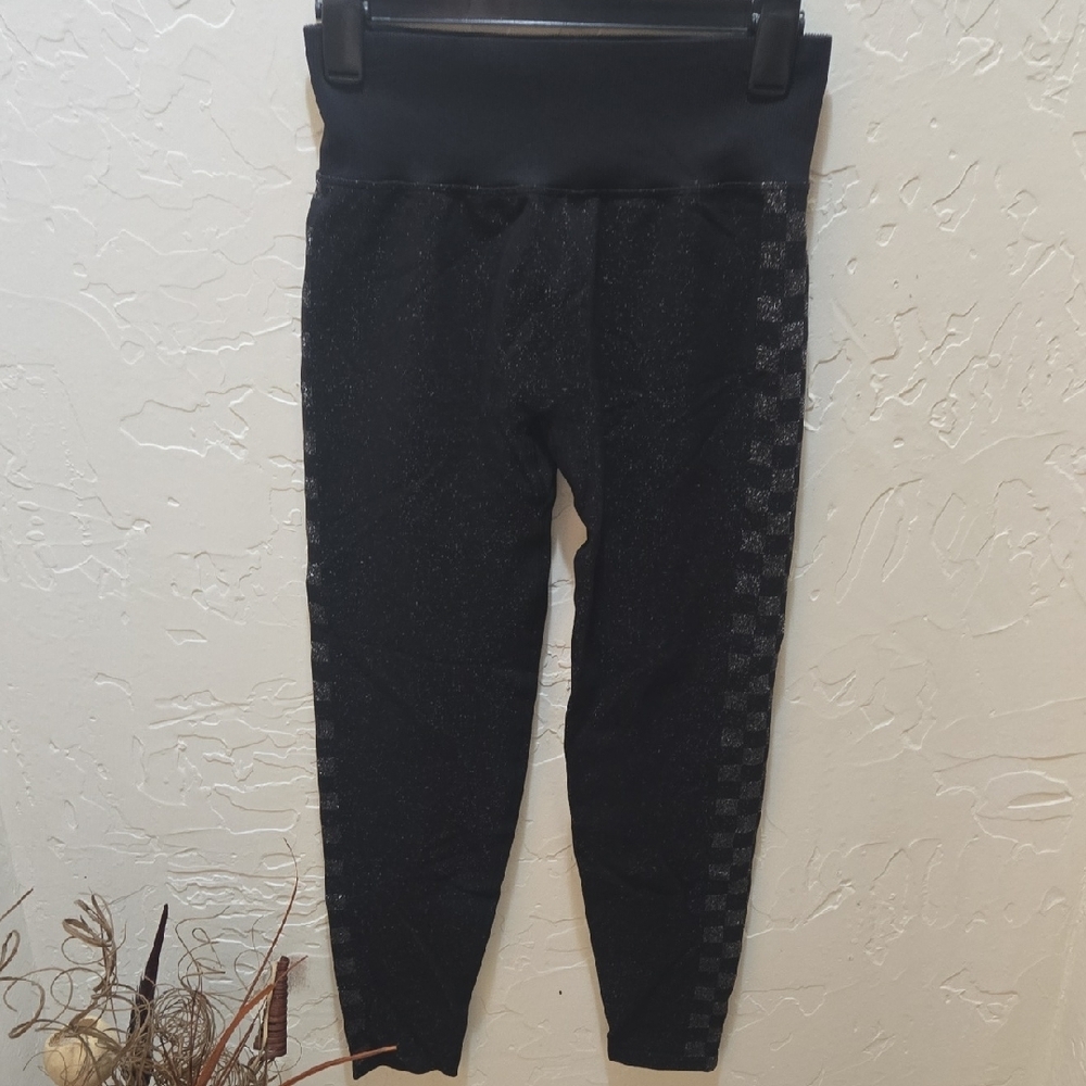 PINK Victoria's Secret Black Glitter Leggings with Checker Side Panel
